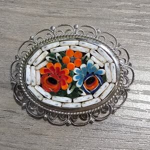 Vintage Italian White Micro Mosaic Orange & Blue Floral Silver Brooch